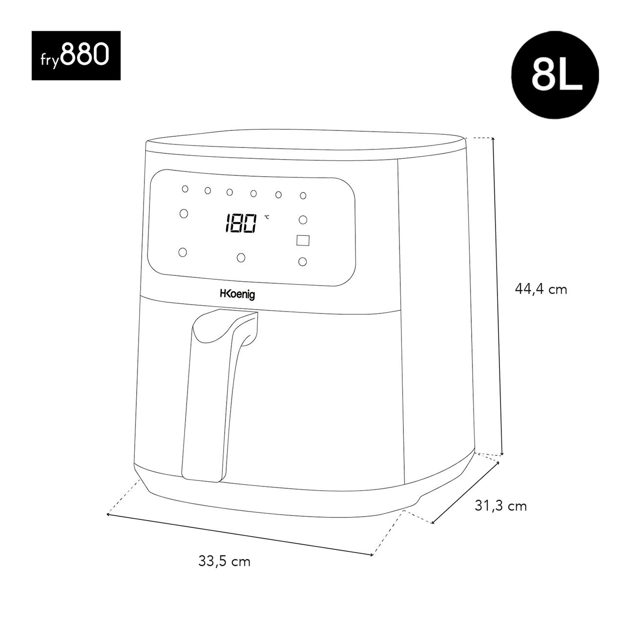 H. Koenig Heißluftfritteuse FRY880, 8L Kapazität, 1700W, bis 200°C