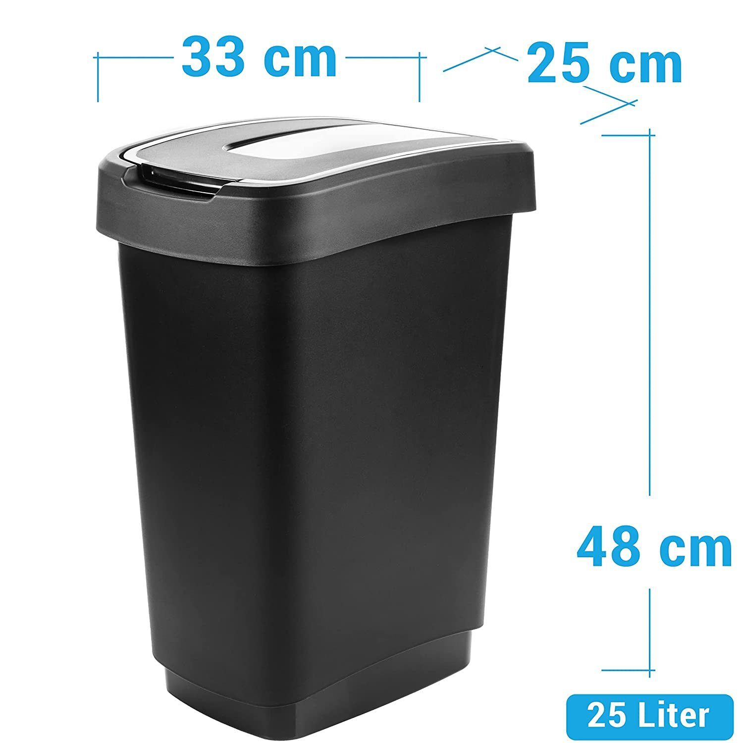 Centi Mülleimer 2 Abfalleimer 25 L mit Schwingdeckel, Mülleimer Küche, Mülltonne mit Deckel, Farbe: schwarz/silber, 33Lx25B x48H cm 25L