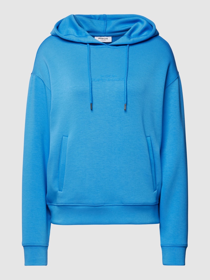 Hoodie mit Label-Print und Känguru-Tasche in blau