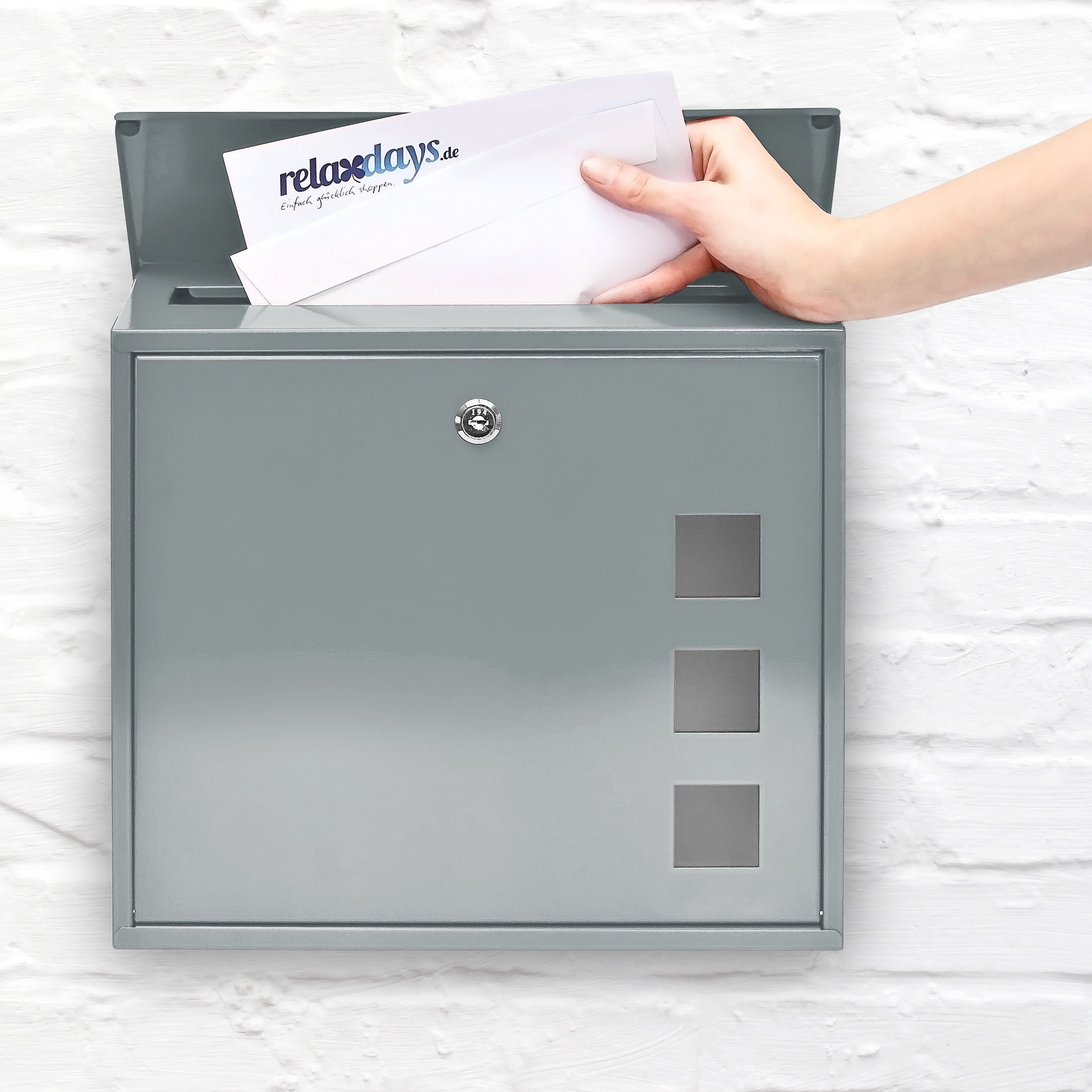 relaxdays Briefkasten Briefkasten Metall 3 Fenster Farbauswahl, Silber