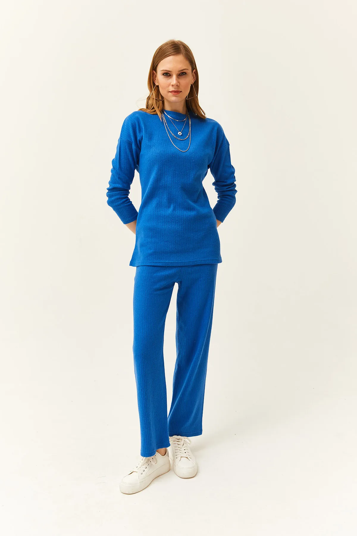 Olalook  Damen Saks Blau Unterteil Top Erhöhtes Geripptes Dickes Team TKM-19000242