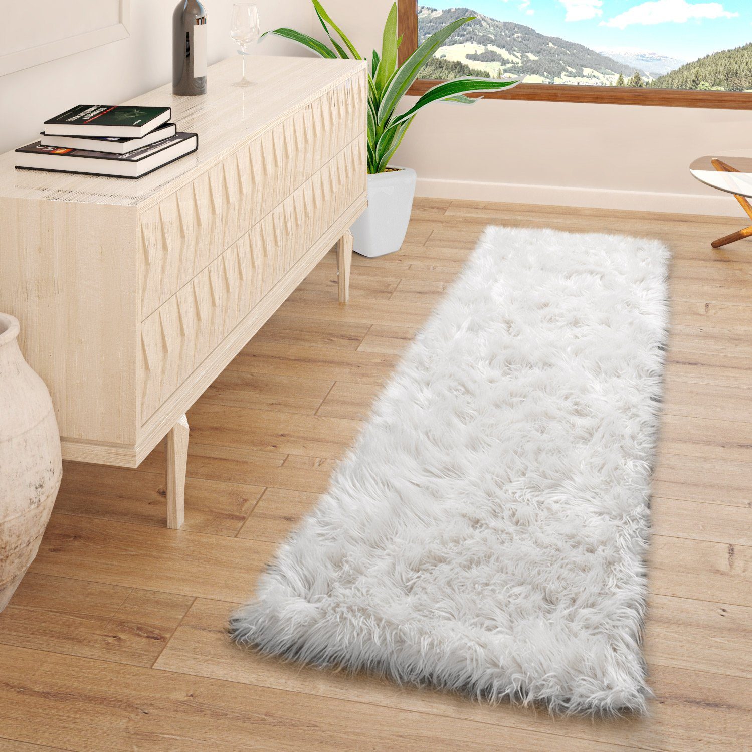 Fellteppich Wohnzimmer Hochflor Teppich Kunst-Fell Design, TT Home, rund, Höhe: 64 mm