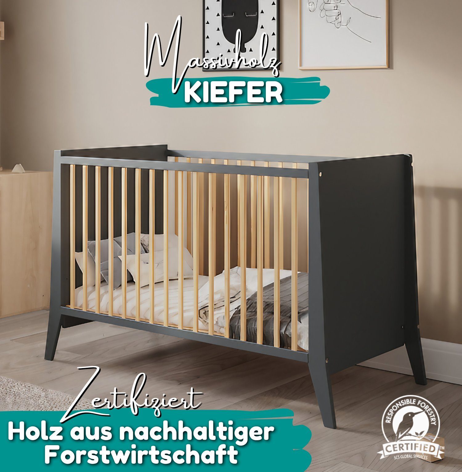 Alavya Home® Babybett PARKER I Qualitätsträume I für den ruhigen Schlaf Ihres Schatzes, Babybett 60x120 Gitterbett mit höhenverstellbar aus Kiefernholz