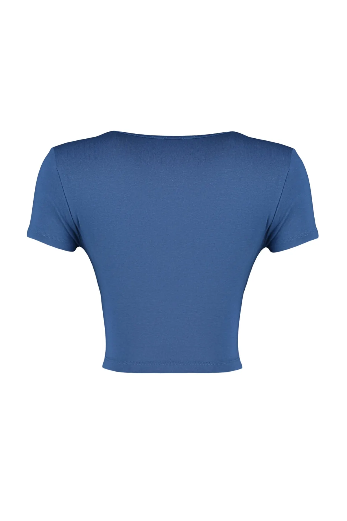 Trendyol Collection  Blaue, taillierte, zweireihige, bauchfreie Viskose-Strickbluse mit Halsausschnitt TWOSS22BZ0536