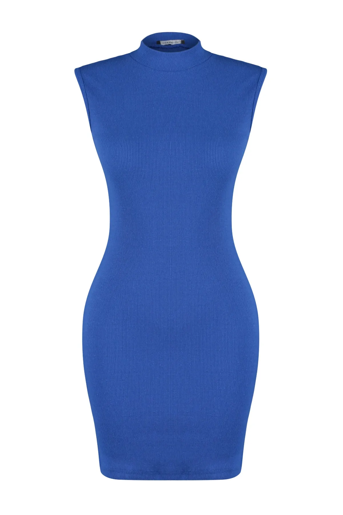 Trendyol Collection  Blaues tailliertes Mini-Bleistiftkleid aus geripptem Strick mit Rundhalsausschnitt TWOSS22EL2819