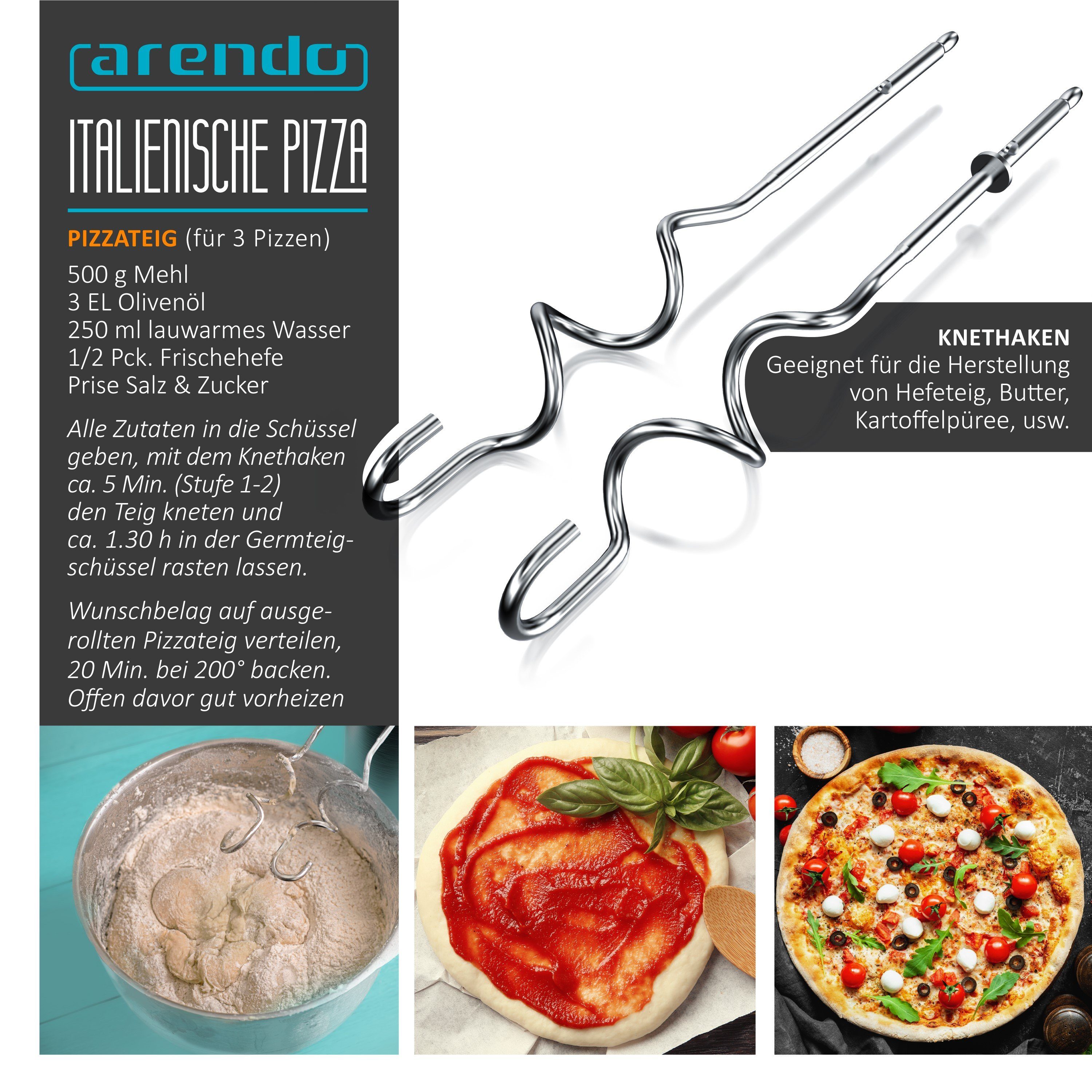 Arendo Handmixer, 350 W, aus Edelstahl mit Turbostaste, Handrührer inkl. 2 Quirle & 2 Knethaken