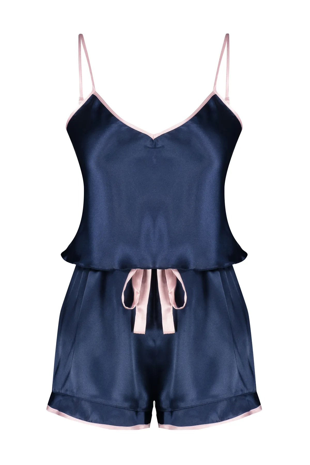 Trendyol Collection  Marineblaues Pyjama-Set aus gewebtem Satin mit Paspelierung und Seilriemen THMSS24PT00089
