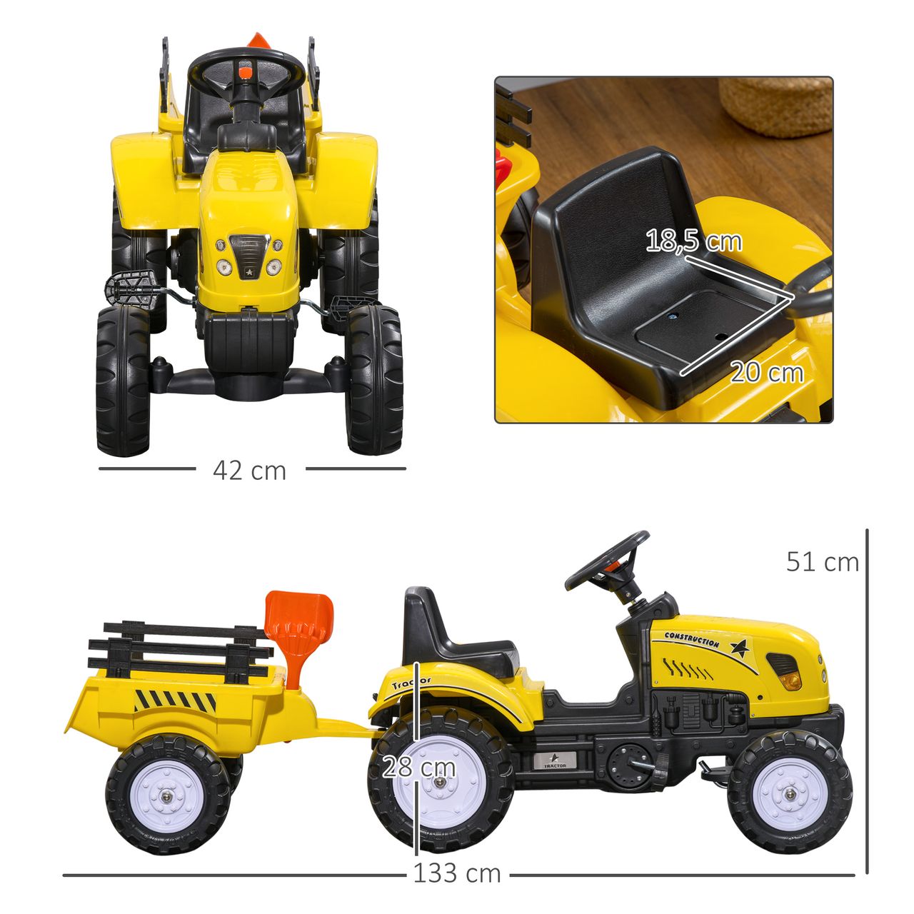 HOMCOM Trettraktor mit Anhänger Tretauto Traktor ab 3 Jahre Kinder Gelb