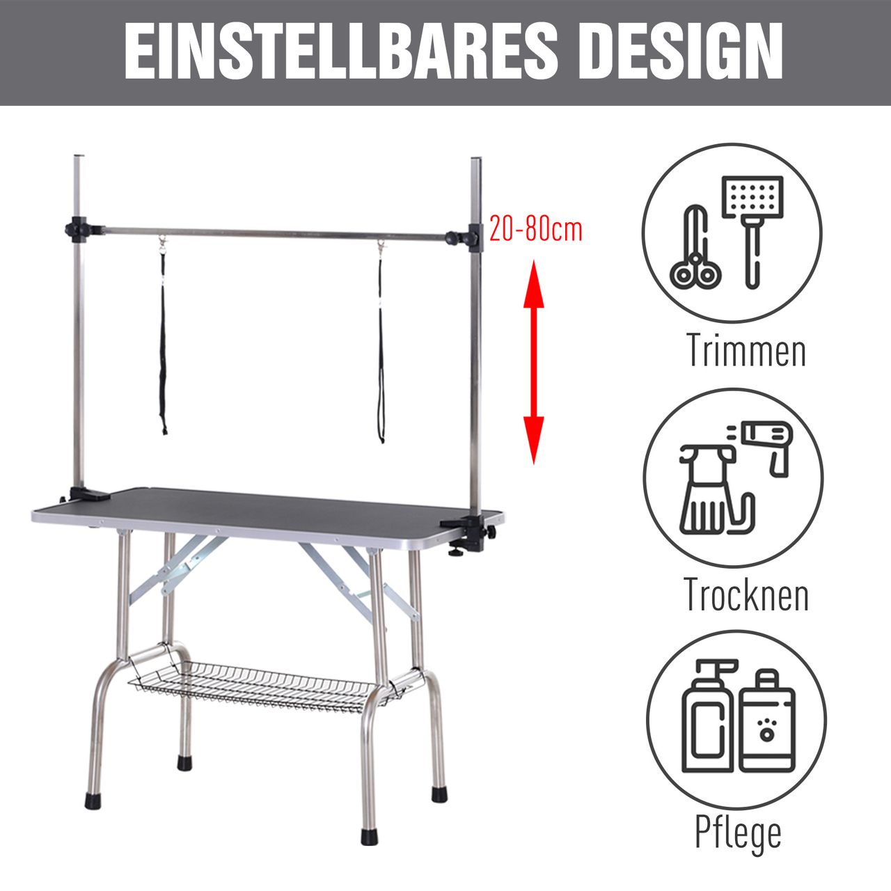PawHut Trimmtisch Tierpflegetisch Schertisch Pflegetisch mit Unterkorb für Hunde höhenverstellbar klappbar Edelstahl Metall Schwarz 107 x 60 x 170 cm