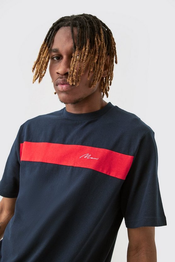 Tall dunkelblaues Colorblock T-Shirt mit Man-Schriftzug