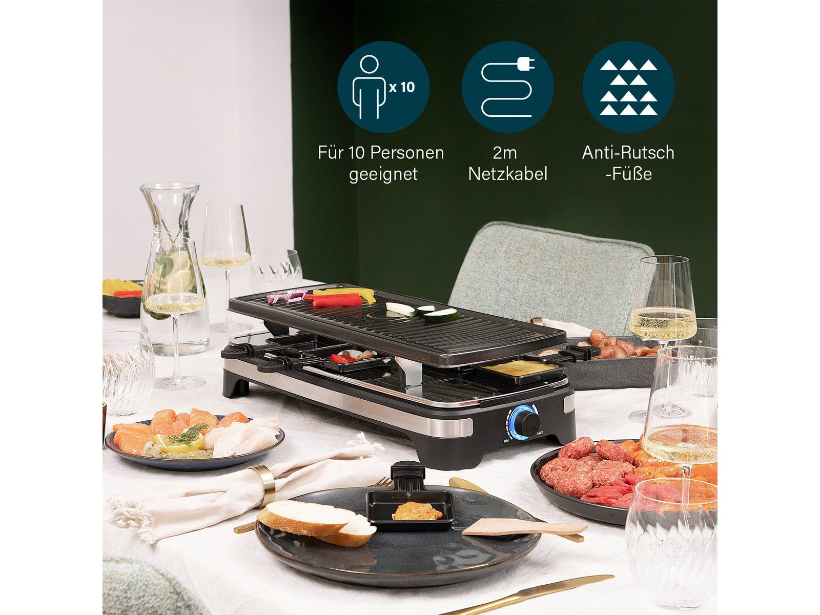 PRINCESS Raclette, Gerät Tischgrill 2-10 Personen geriffelte Grillplatte Camping geeignet