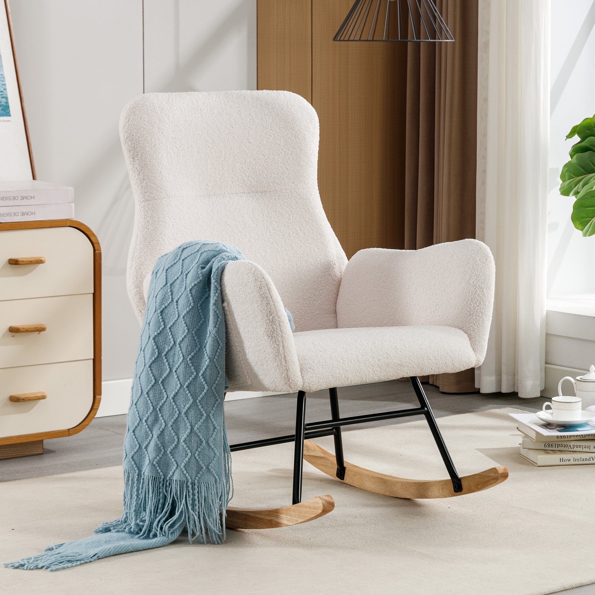 Merax Schaukelstuhl, mit Teddyplüsch und Massivholz Sockel, Relaxsessel mit Seitentasche