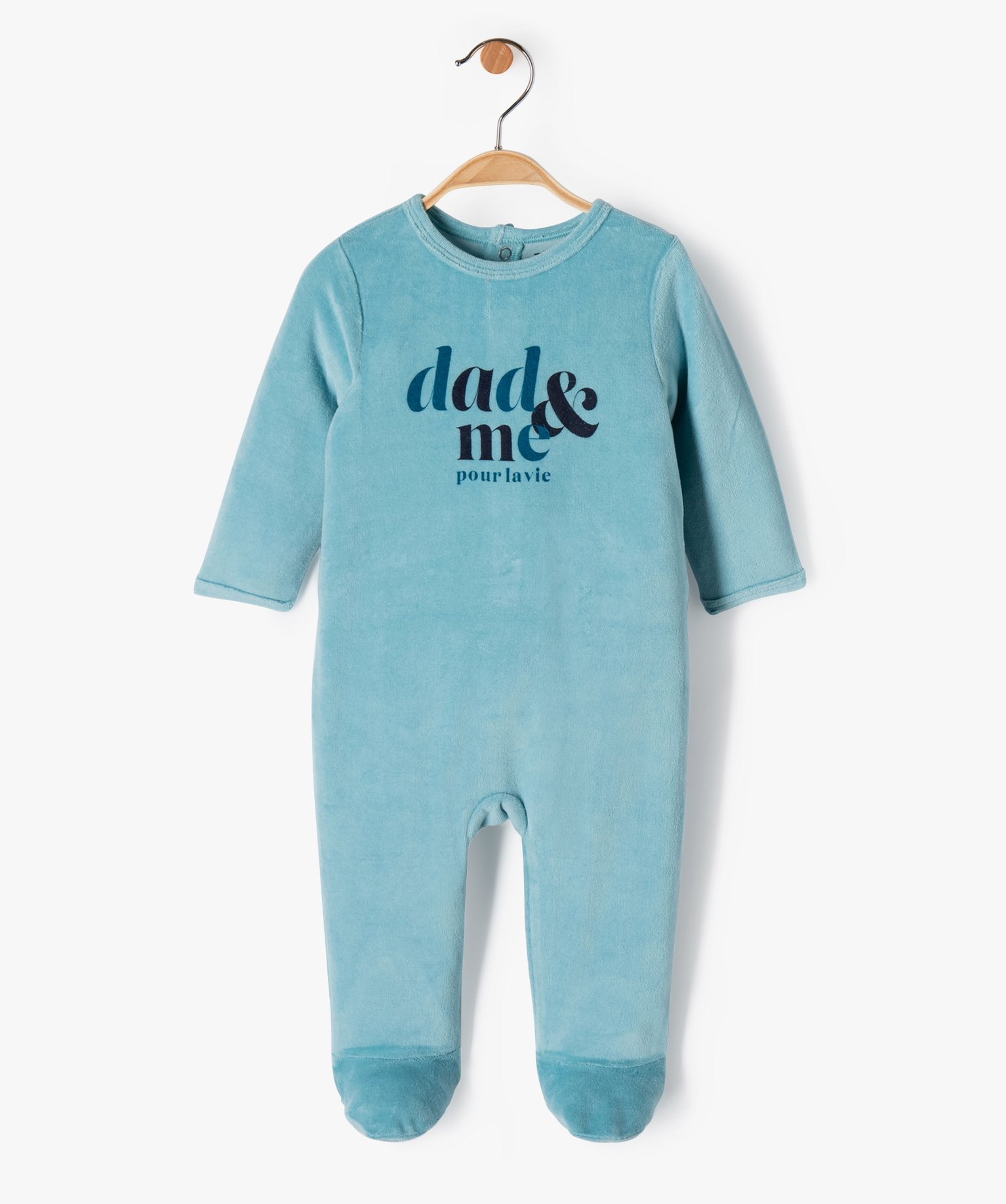 Pyjama bébé à pont-dos en velours avec message bleu | GEMO
