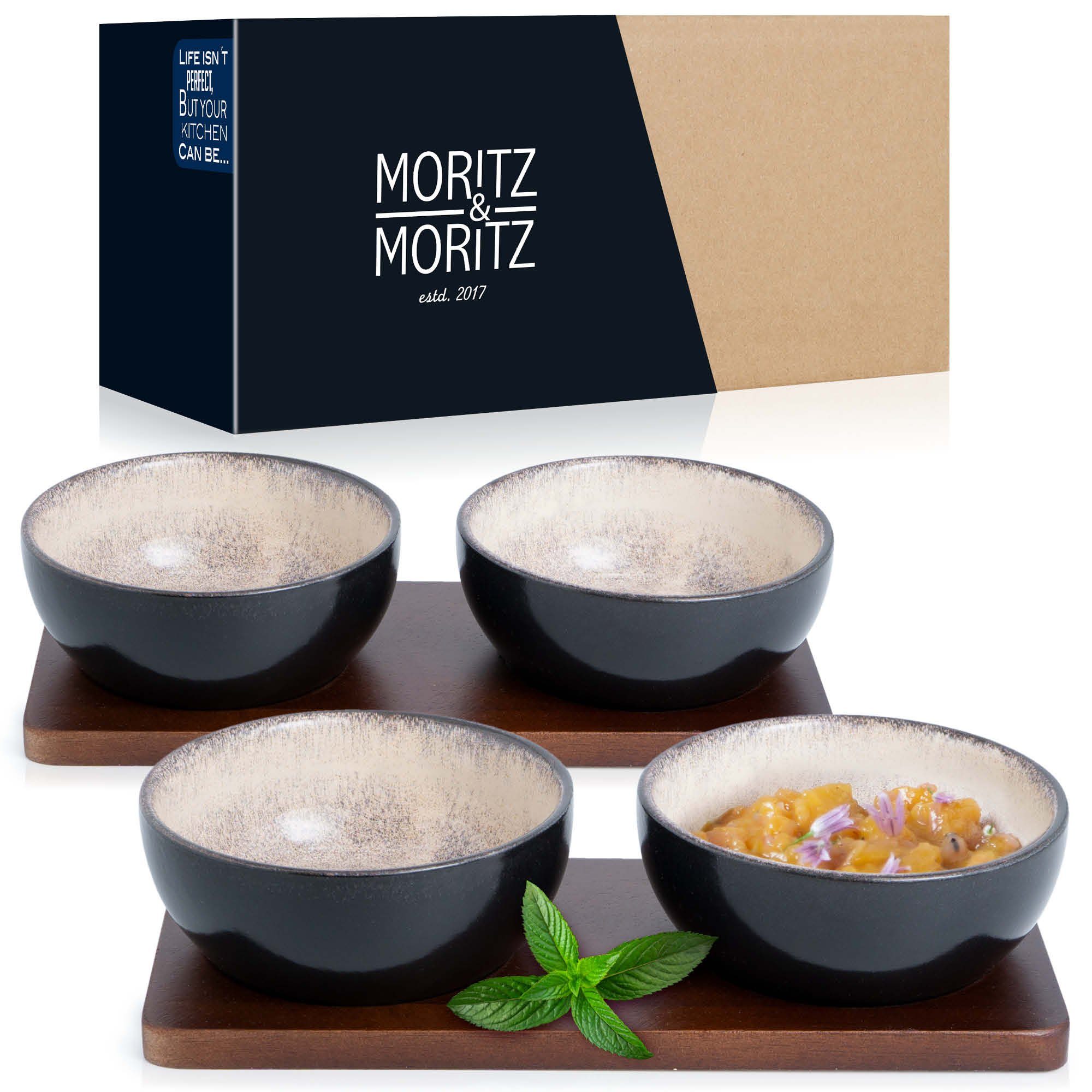 Moritz & Moritz Dipschale 6tlg Dip Schalen Set mit Brett, Porzellan, Sandelholz, (Set, 6-tlg, 6-tlg), 10cm Ø für Snacks, Dessert, Dips und Saucen