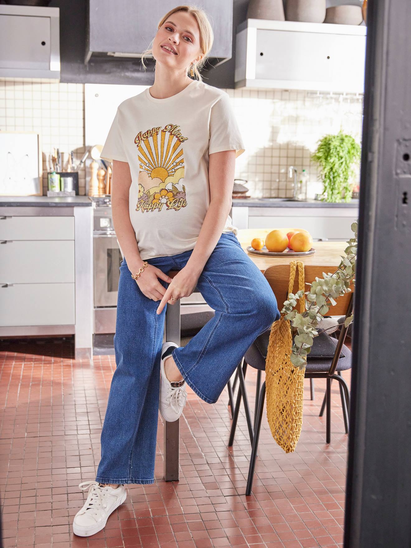 T-shirt motif Happy Mind grossesse et allaitement écru