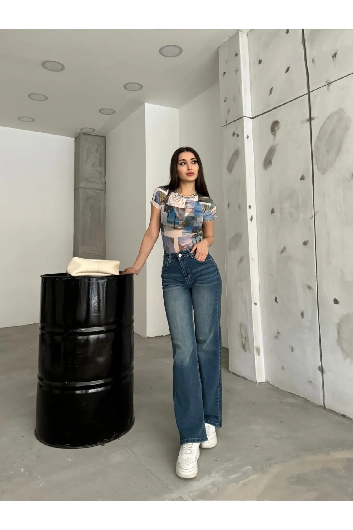 BİKELİFE  Damen-Palazzo-Jeans aus dunkelblauem, blassem Lycra mit hoher Taille und weitem Bein, lockere Passform