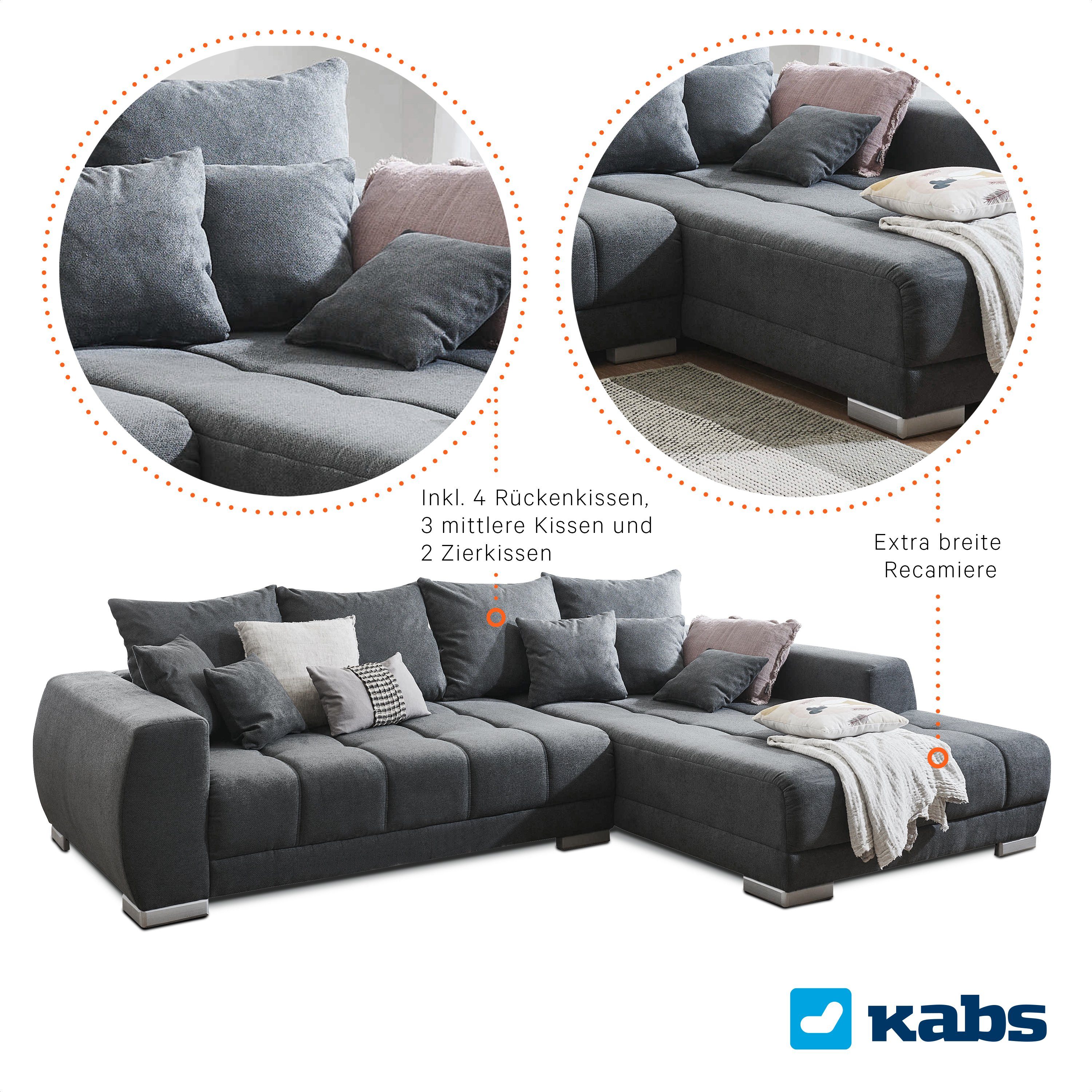 Kabs Polsterwelt Ecksofa Ivy II, Rücken echt, 4 Rückenkissen, 3 mittlere Kissen, Made in Europe