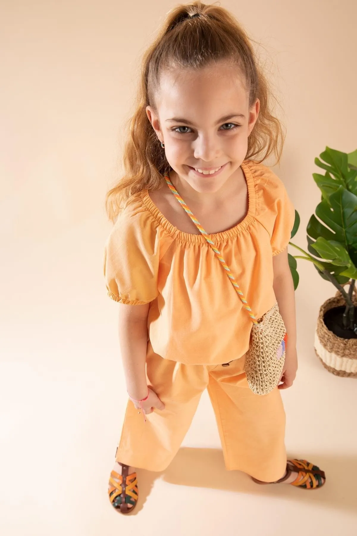 DeFacto  2-teiliges Set mit kurzärmeliger Bluse und Hose für Mädchen in Leinenoptik