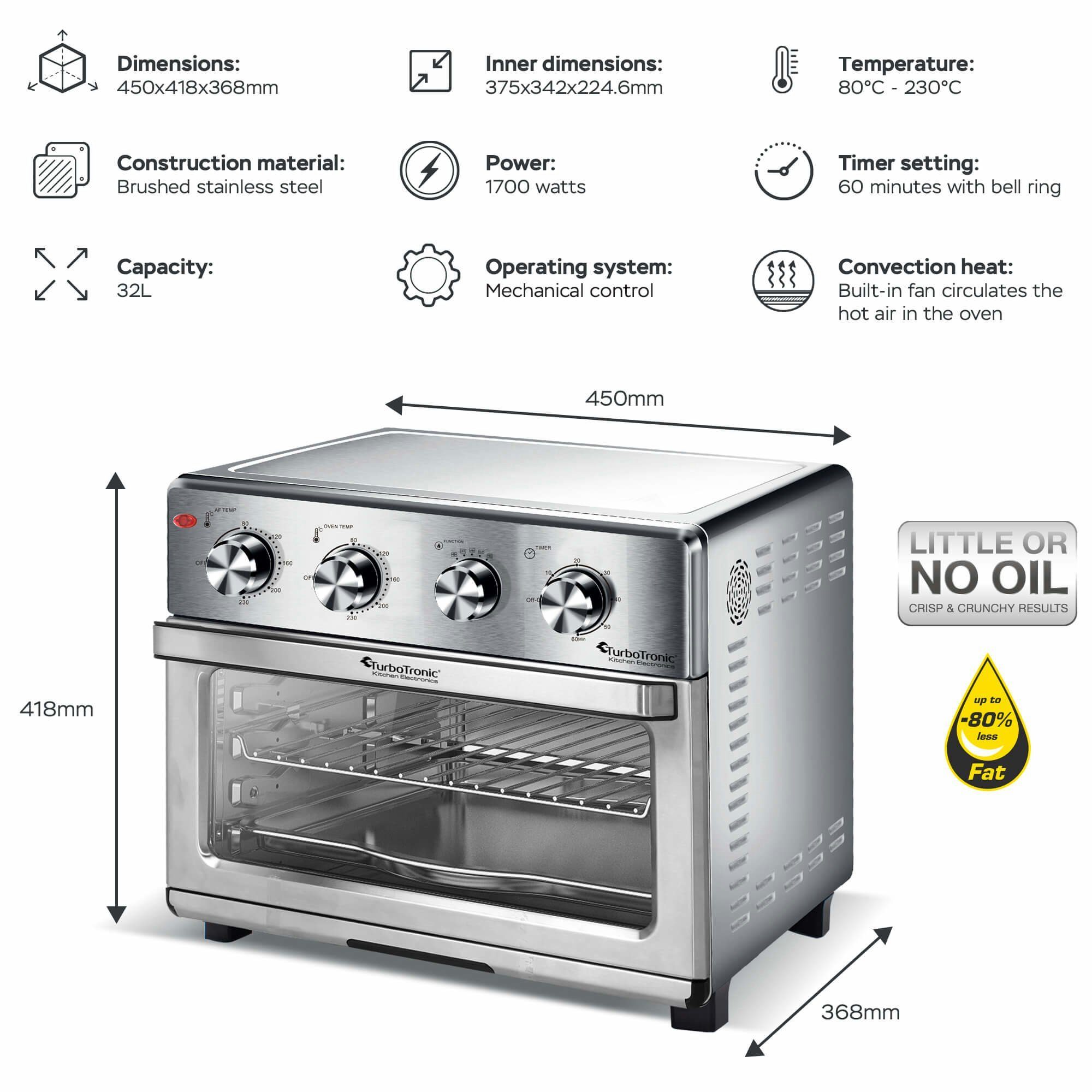 TurboTronic by Z-Line Minibackofen XXL 32 Liter mit Drehspieß für Hähnchen 4in1 Mini Backofen, Power Heißluftfritteuse Airfryer ab 80°C AF32MRD silber