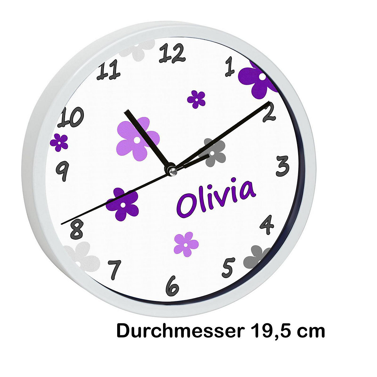 Kinder Wanduhr personalisiert mit Name Blumen Lila-Grau