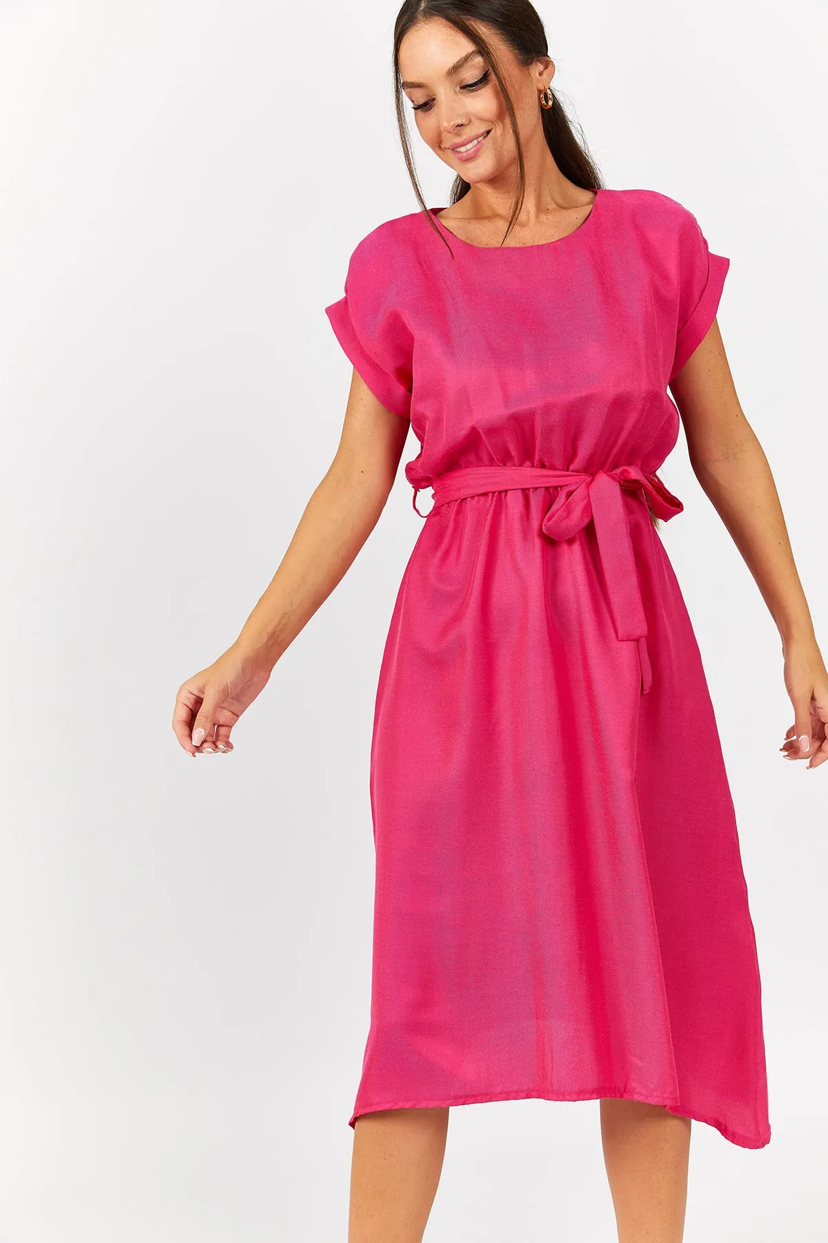 armonika  Fuchsiafarbenes Damenkleid mit elastischem Bindeband ARM-18Y001120