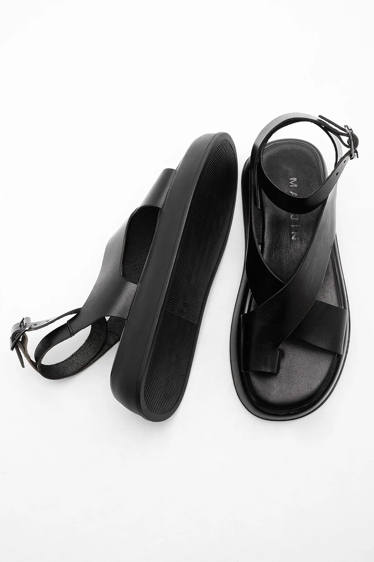 Marjin  Damen Sandalen aus echtem Leder für den Alltag, dicke Sohle, Etikett schwarz