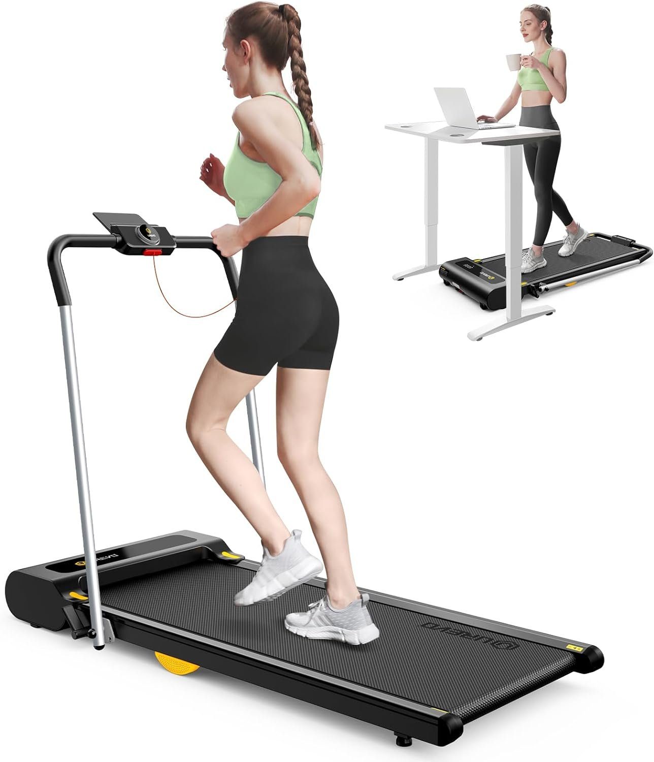 homeTro Laufband (2 in 1 Walking Pad mit intelligentem Drehschalter Laufband für zuhause), mit doppelter Stoßdämpfung, 3 HIIT Modes laufband klappbar mit großem