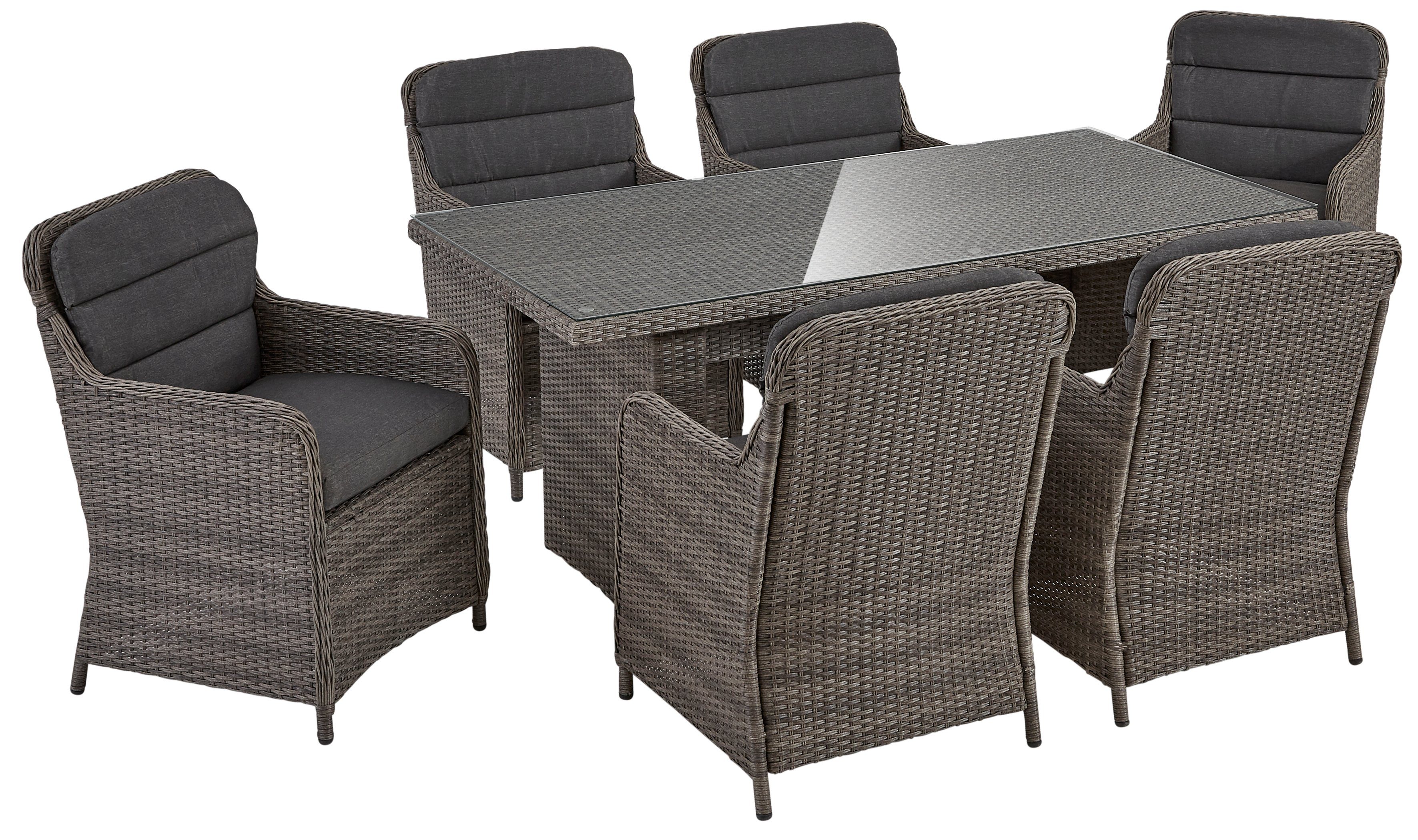 KONIFERA Garten-Essgruppe Kairo, (19-tlg., 6x Sessel, 1x Tisch 180x90x74 cm, Stahl/Polyrattan), inkl. Auflagen