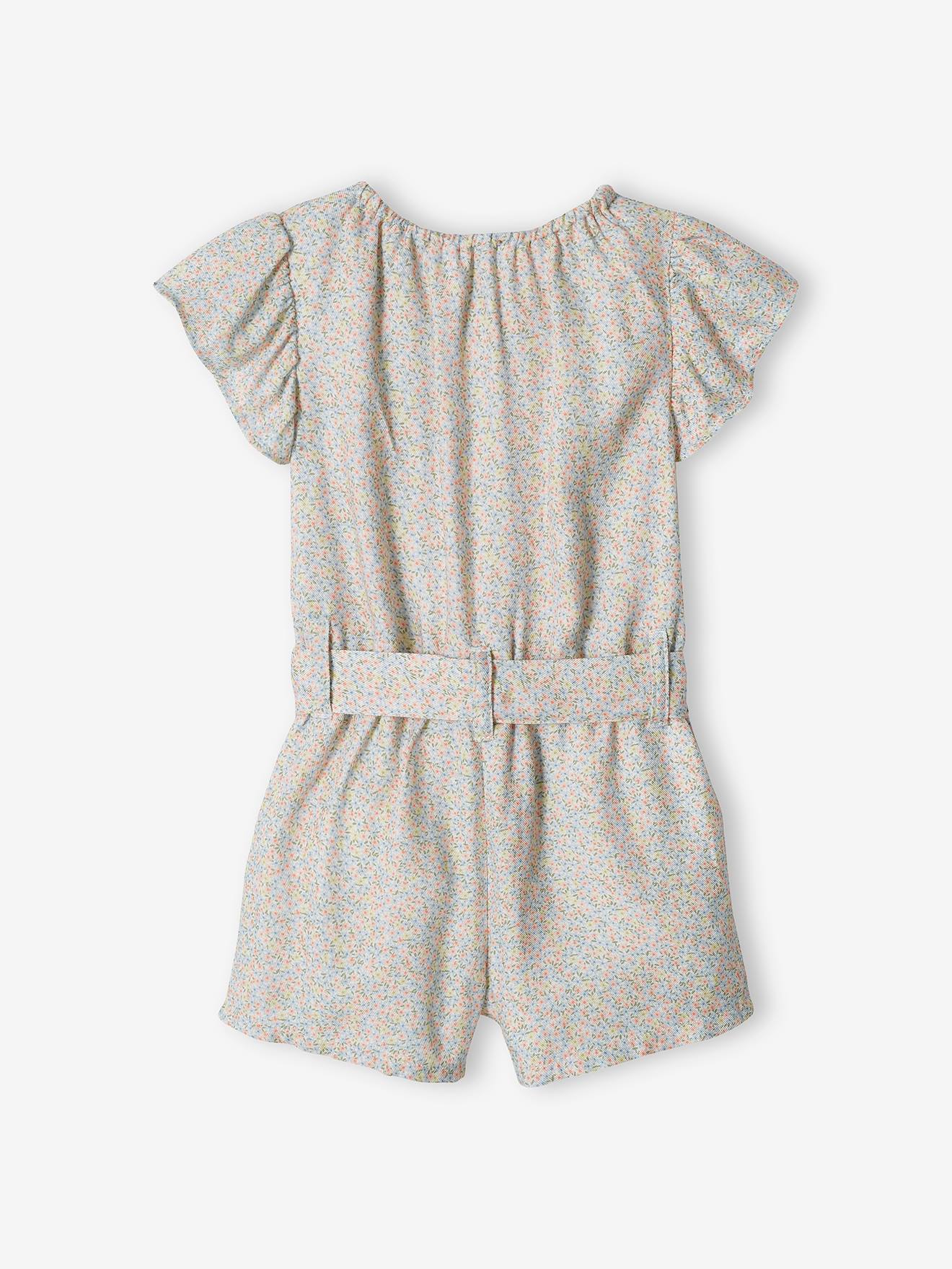 Combi-short fille beige imprimé fleurs roses