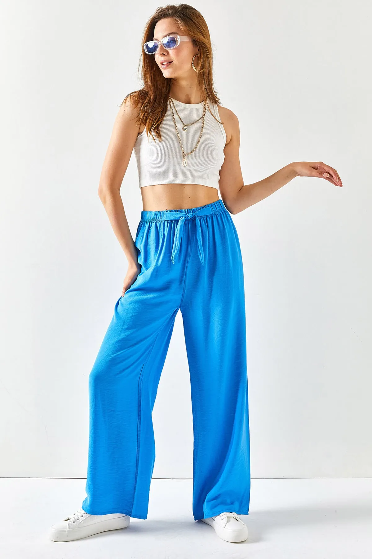 Olalook  Blaue Palazzo-Ayrobin-Hose mit Gürtel und elastischem Bund für Damen PNT-19000200