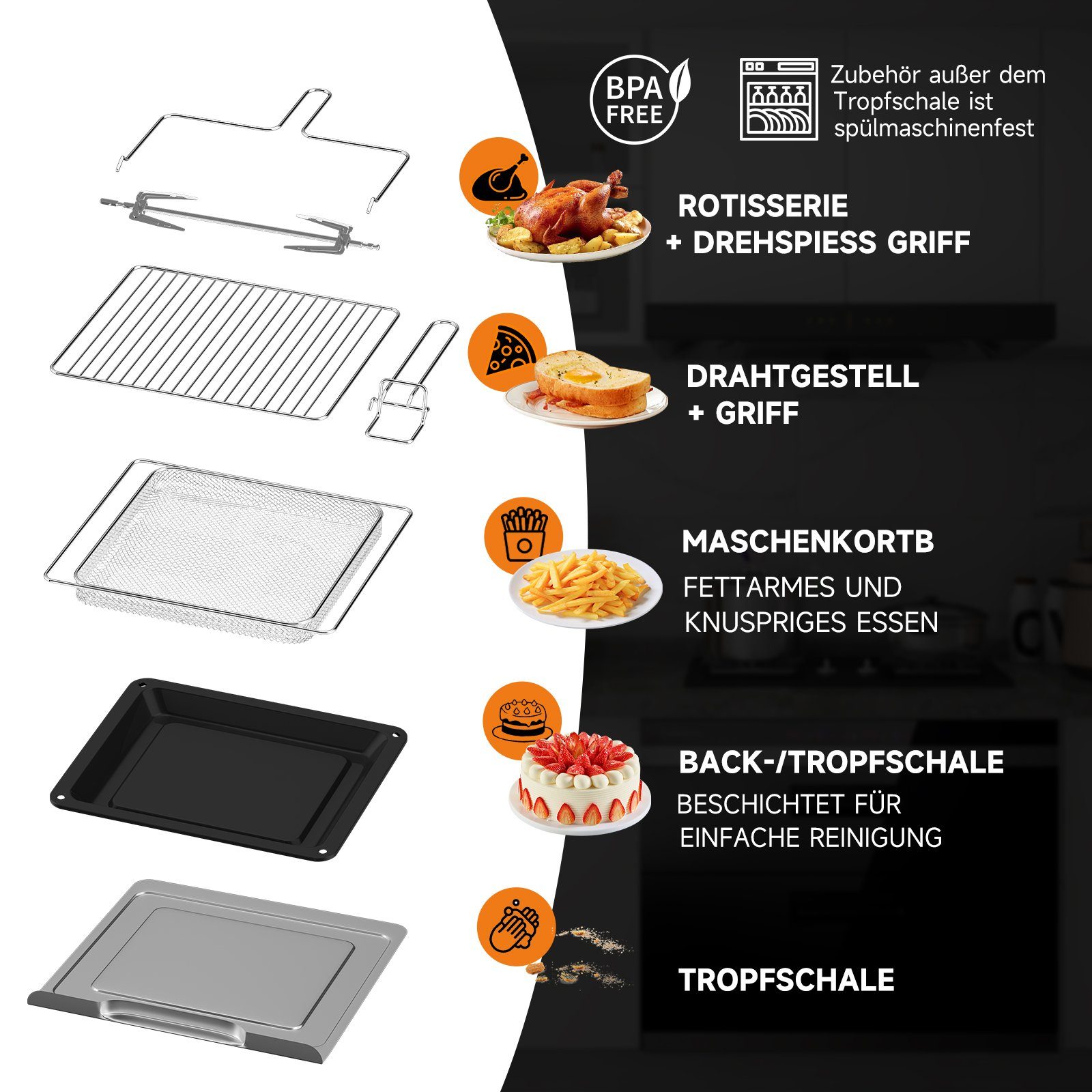 HOMELUX Minibackofen mit Umluft, Heißluftfritteuse XXL 28L, Heißluft-Backofen, Airfryer, 1700W, 18 Programme, 7 Zubehörteile inkl. Drehspieß, Doppelventilator