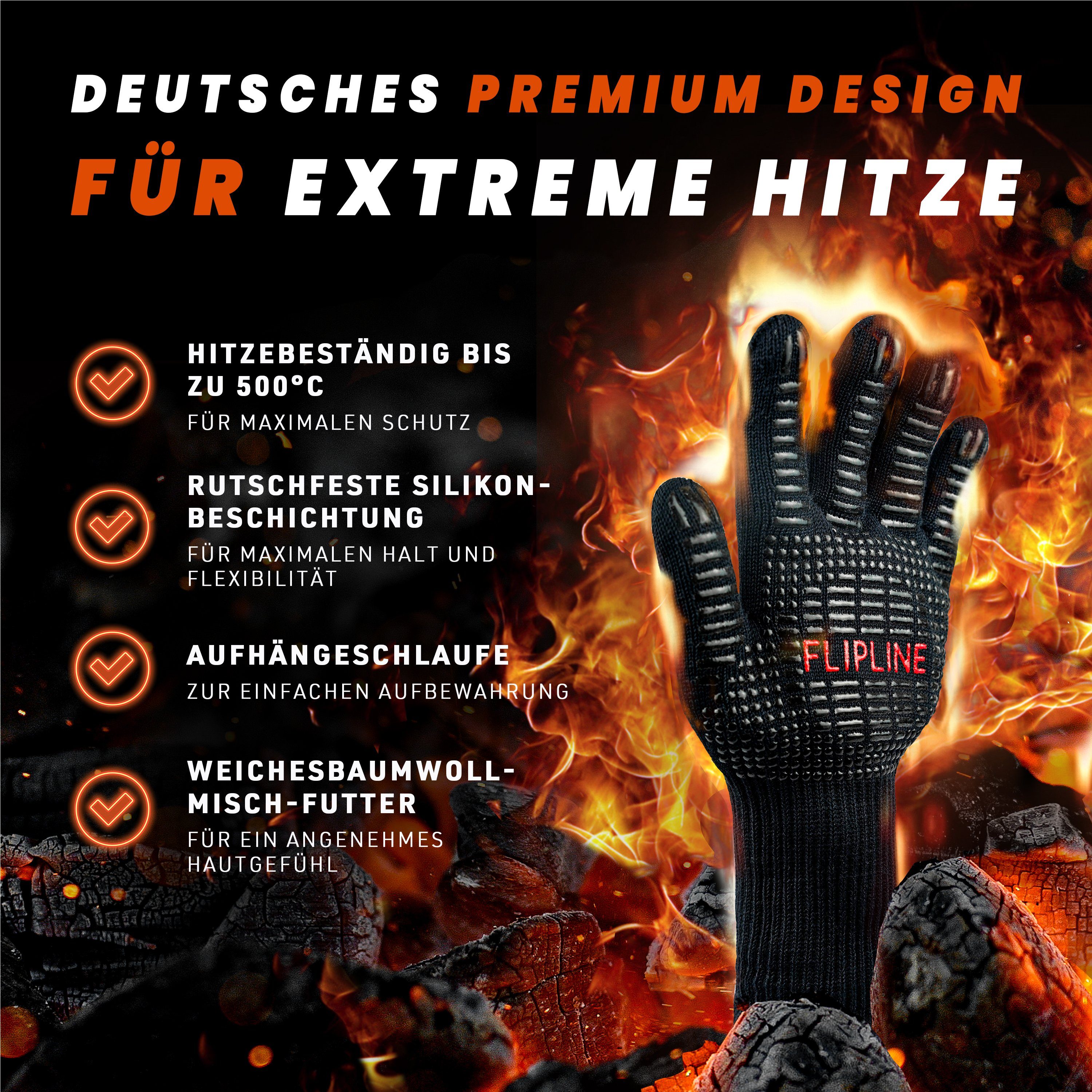 FLIPLINE® Grillhandschuhe Hitzebeständig - Premium feuerfeste Handschuhe, für Küche & Grill - BBQ Handschuhe inkl. Rezepte E-Book