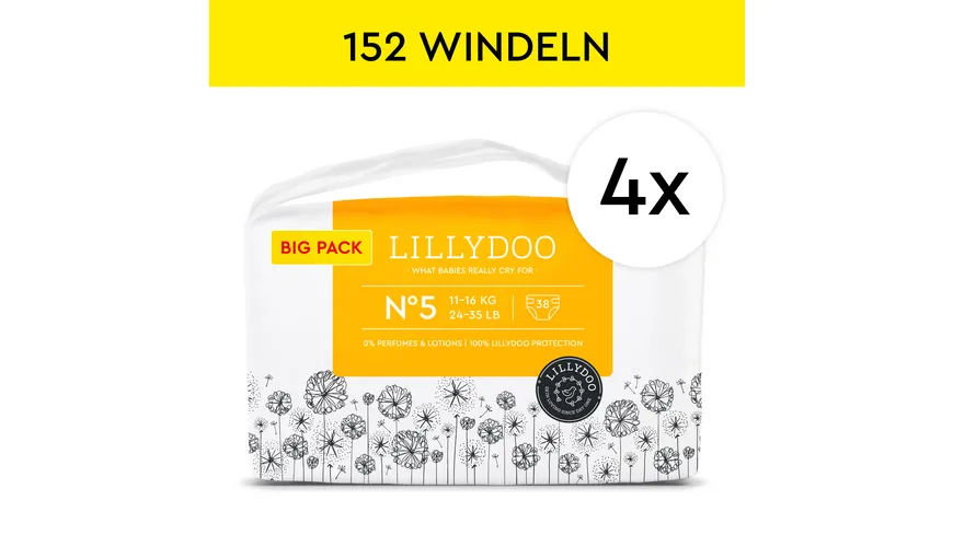LILLYDOO hautfreundliche Windeln Gr. 5 (11 - 16 kg), Monatsbox 152 Stück