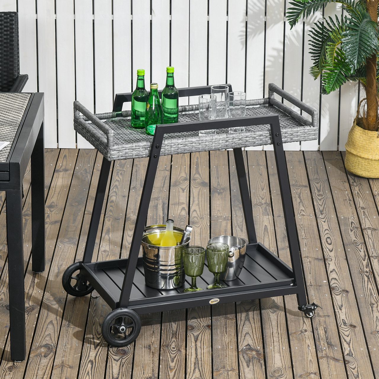 Outsunny Rattan Servierwagen Trolley mit Ablage Gartenrollwagen mit Griff Bremen