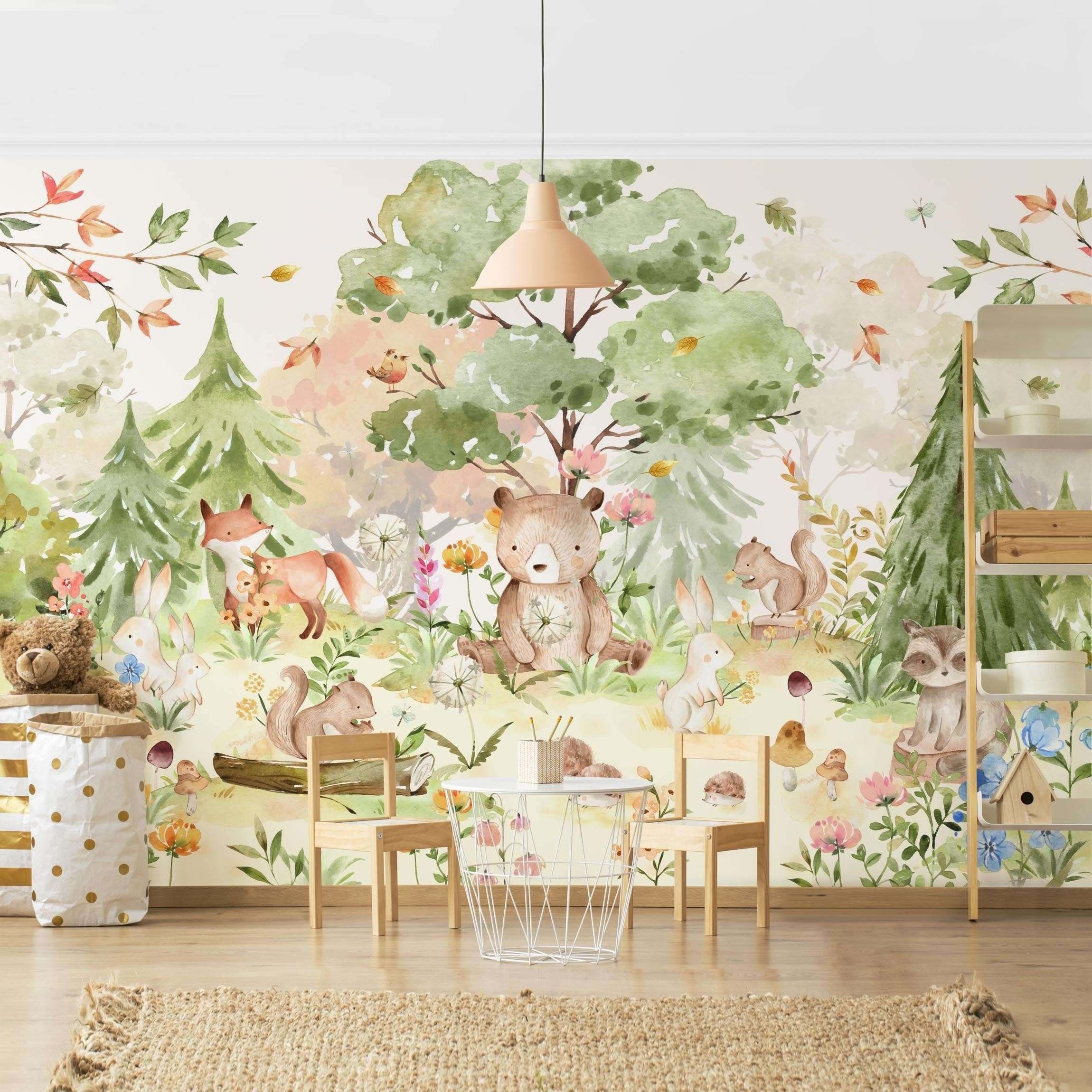 Bilderdepot24 Kindertapete Kinderzimmer Aquarell Waldtiere Bär Fuchs Baum Kinder Wanddeko, Glatt, Matt, (Inklusive Gratis-Kleister oder selbstklebend), Mädchenzimmer Jungenzimmer Babyzimmer Bildtapete Fototapete Wandtapete
