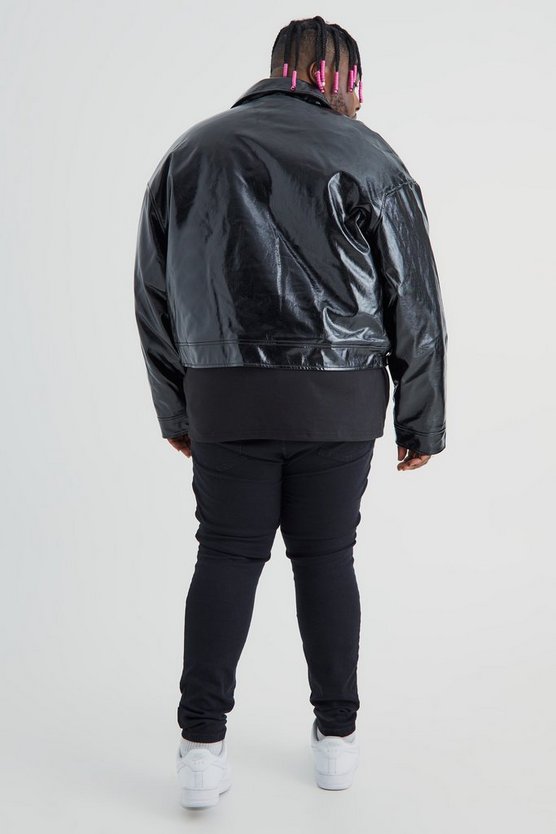 Plus kastige hochglänzende PU Harrington-Jacke