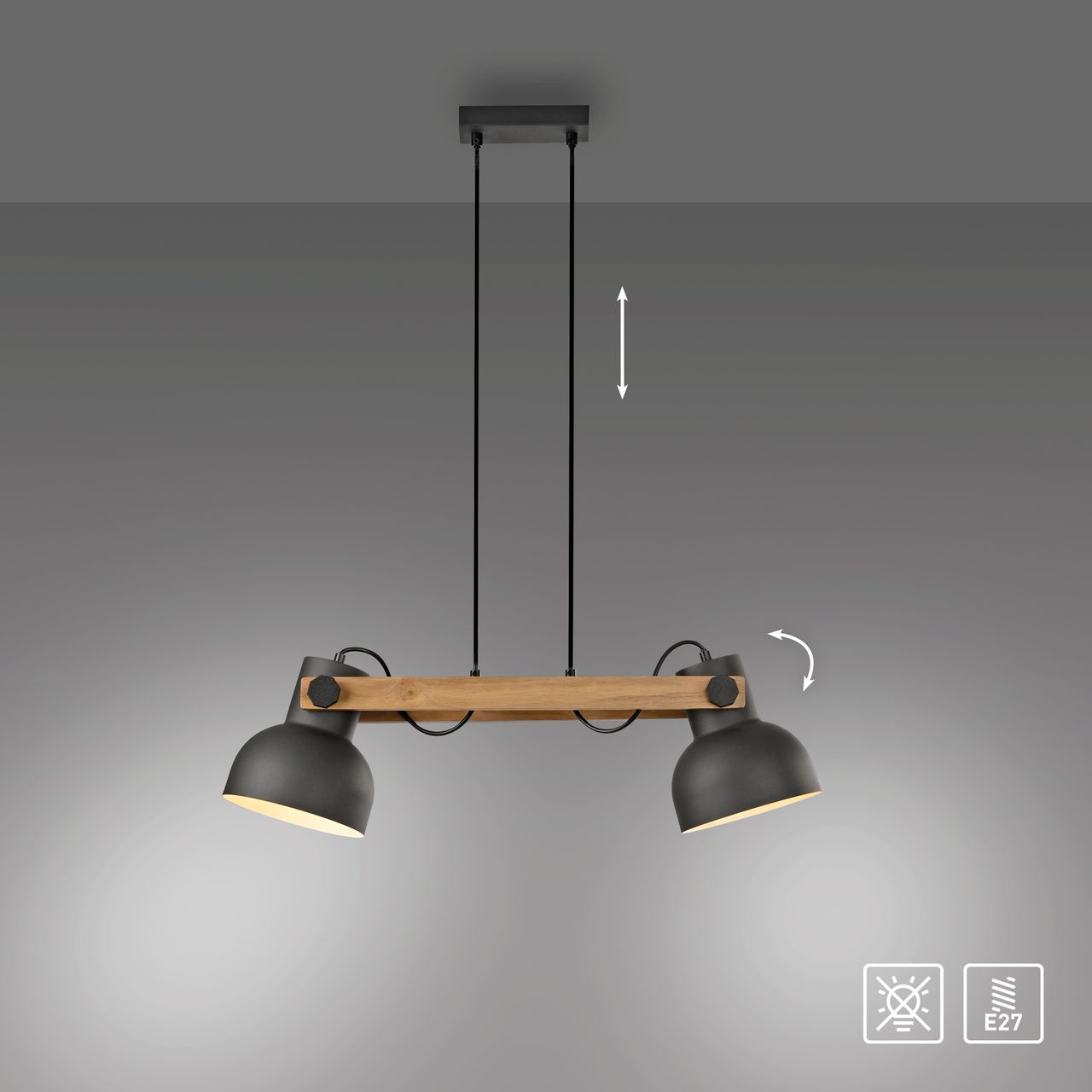 JUST LIGHT Pendelleuchte CUP 2.0, 2xE27 max. 60Watt exkl., höhenverstellbar, IP20, Schwarz
