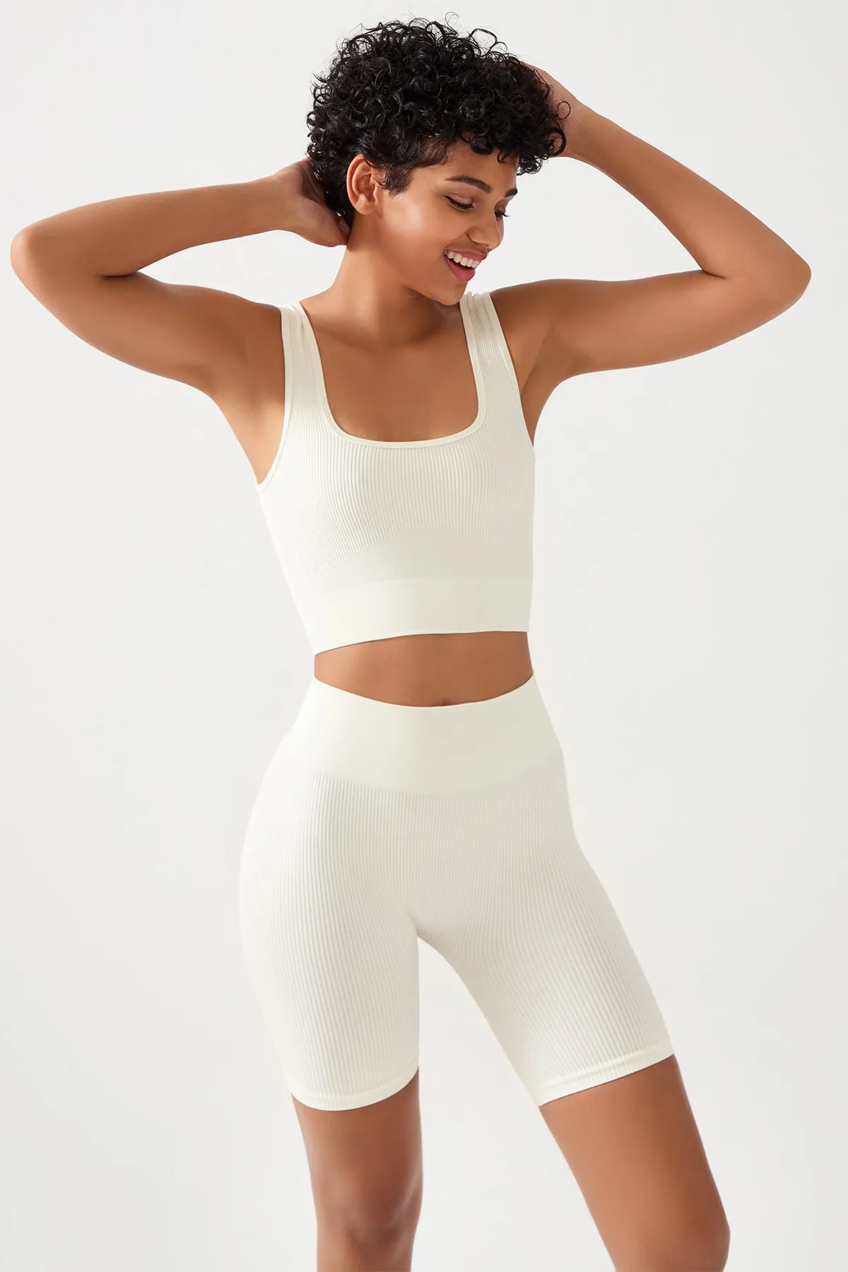 LOS OJOS  Ecrufarbenes, geripptes Crop-Top mit quadratischem Ausschnitt und Bustier für Damen