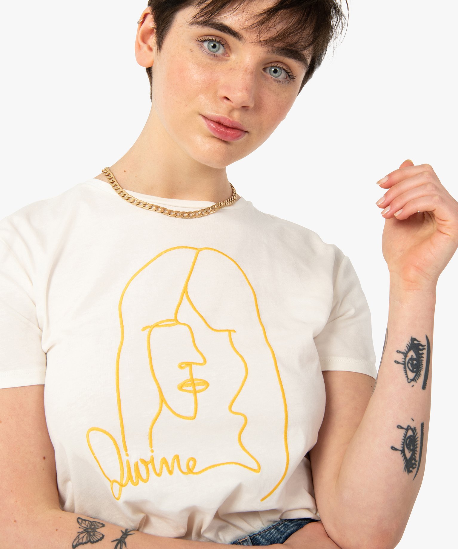 Tee-shirt femme à manches courtes avec motif brodé ecru | GEMO