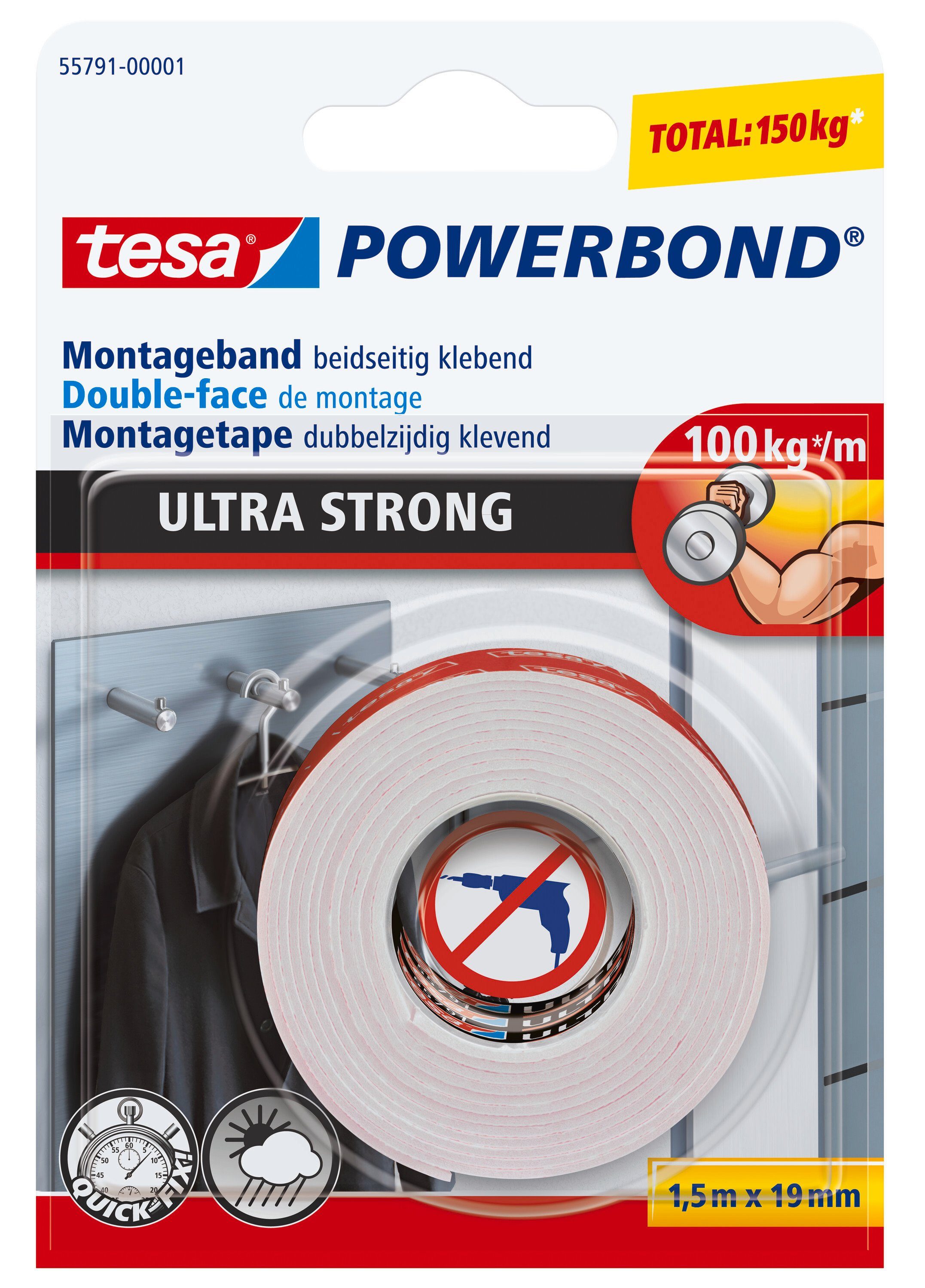 tesa Doppelklebeband POWERBOND Ultra Strong Doppelseitiges Klebeband (Packung, 1-St) extra stark klebend - 1,5 m : 19 mm