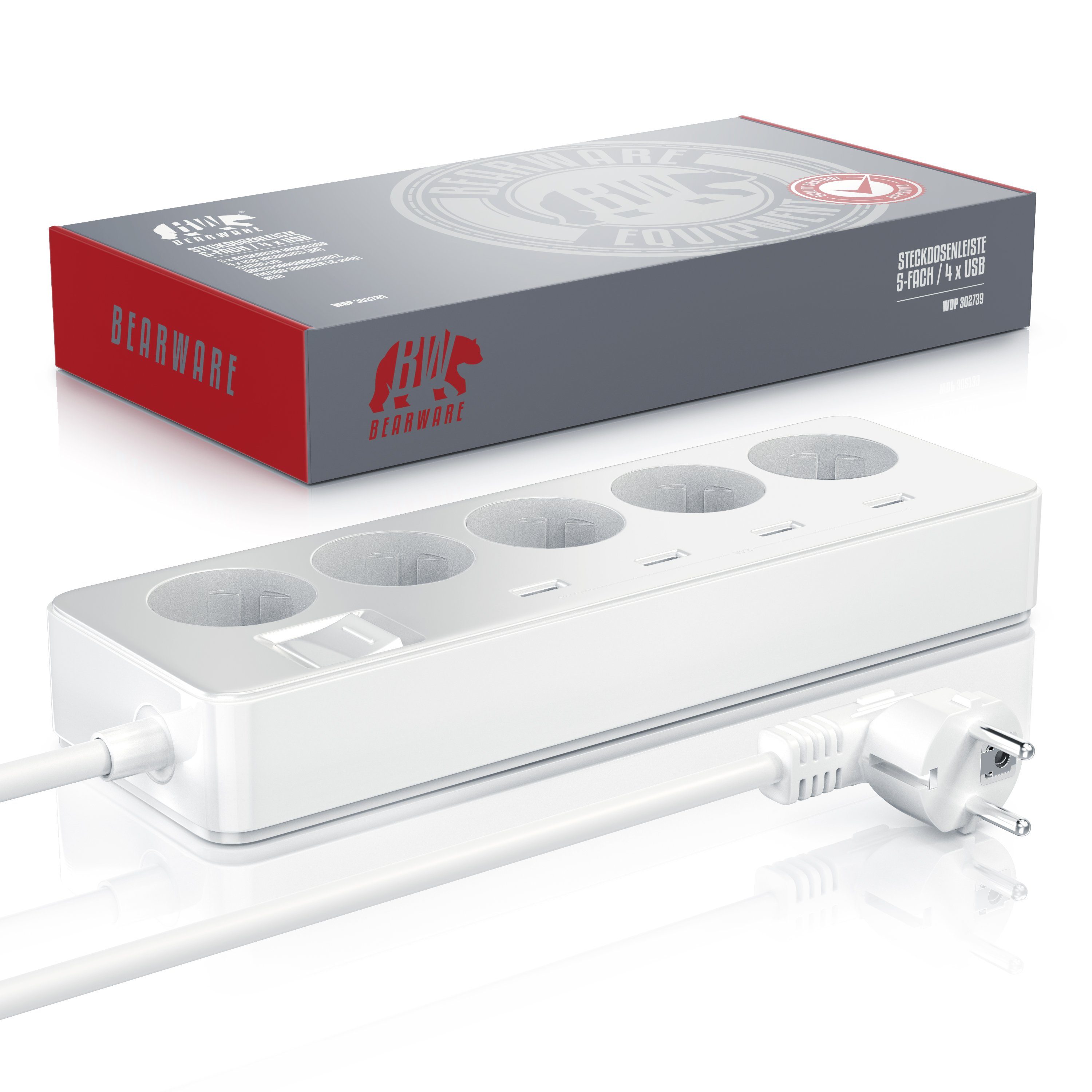 BEARWARE Steckdosenleiste 5-fach (Ein- / Ausschalter, USB-Anschlüsse, Kindersicherung, Schutzkontaktstecker, Überspannungsschutz, Kabellänge 1,50 m), Steckdosenleiste mit USB-Ladevorrichtung - 4x USB-Ports