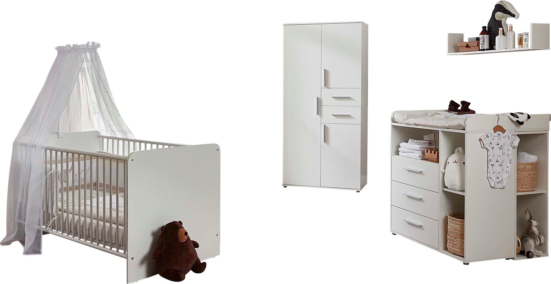 BMG Möbel Babyzimmer-Komplettset Lea, (Set, 6-St., Bett, Wickelkommode, Unterbauregale, Schrank, Wandboard), Bett + Wickelkommode + 2x Unterbauregal + 3-trg. Schrank + Wandboard