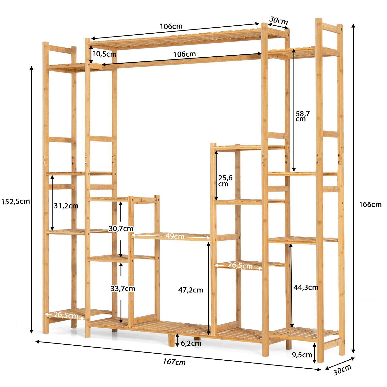 COSTWAY Pflanzentreppe, mit 9 Ebenen & Hängegestell, aus Bambus 167x30x166cm