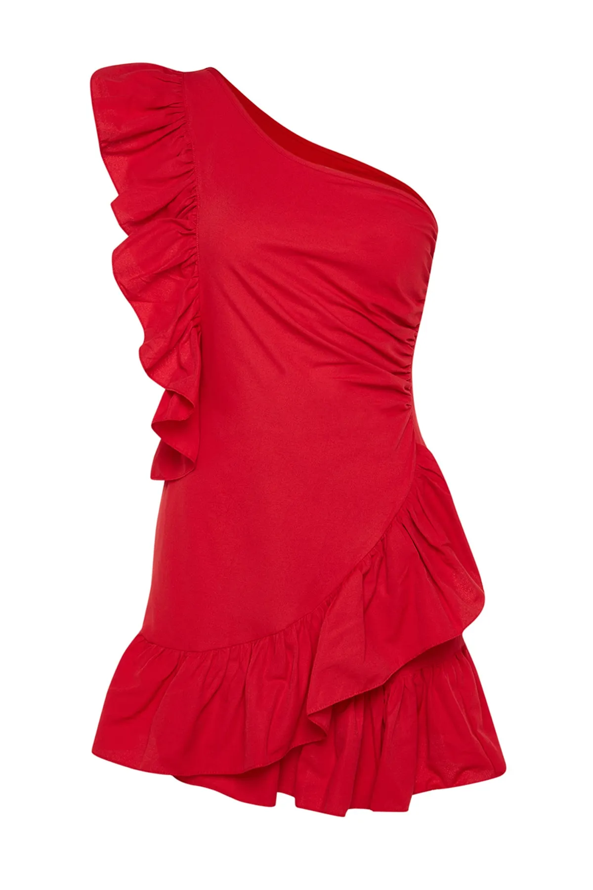 Trendyol Collection  Rotes Popeline-Abendkleid mit offener Taille/Skater-Volant TPRSS23EL00427