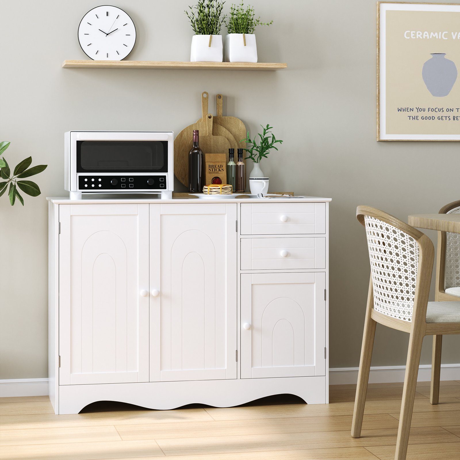 HOMECHO Kommode, Sideboard Weiß Buffetschrank mit 2 Schubladen und 3 Türen