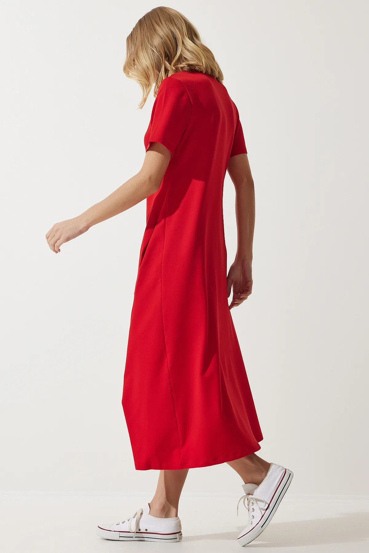 Happiness İstanbul  Rotes A-Linien-Sommerkleid für Damen aus gekämmter Baumwolle UB00060