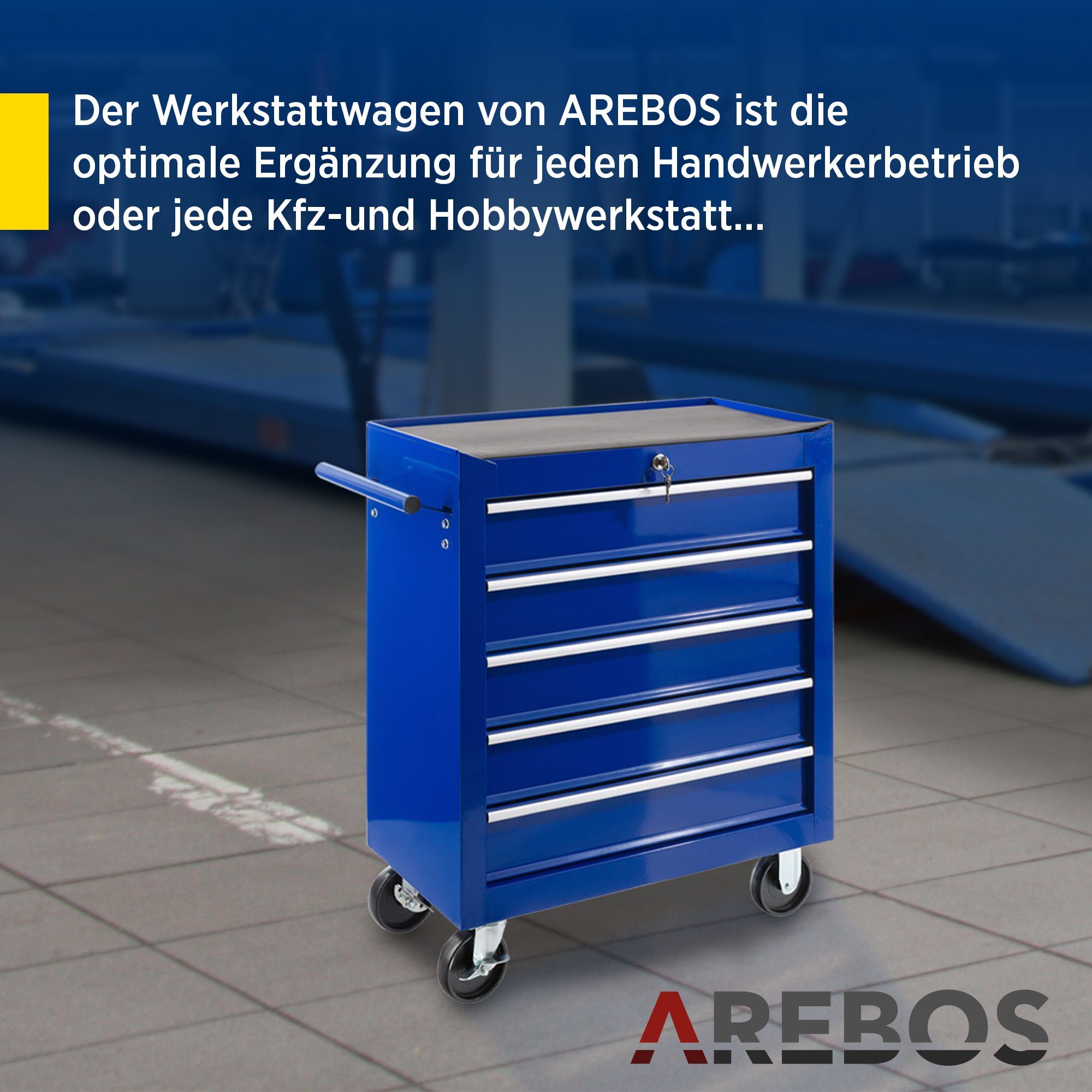 Arebos Werkstattwagen Werkstattwagen 5 Fächer, zentral abschließbar, blau, (Set, Werstattwagen 5 Schubladen blau)