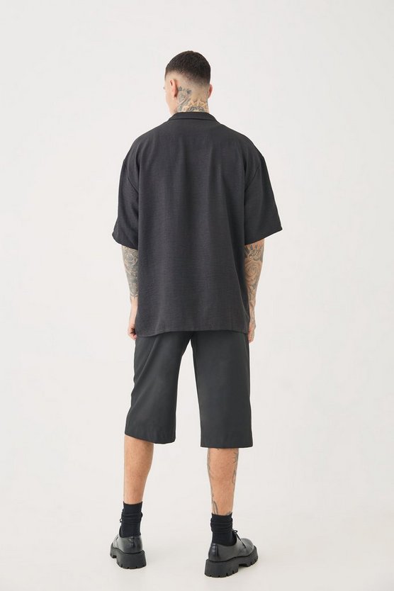 Tall kurzärmliges Oversize Leinen-Hemd in Schwarz