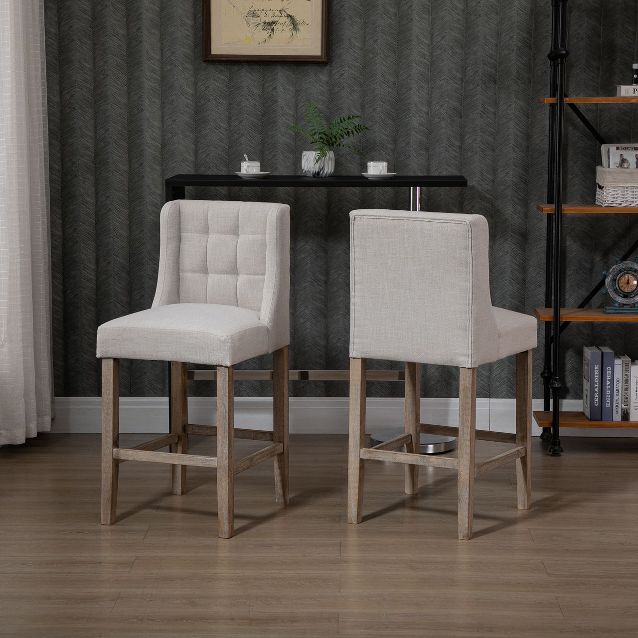 HOMCOM 2er-Set Barhocker moderne Küchenstühle Bistrohocker Barstühle für Küche mit Rückenlehne Tresenhocker Leinen-Touch Gummiholz Beige 47 x 50 x 101 cm