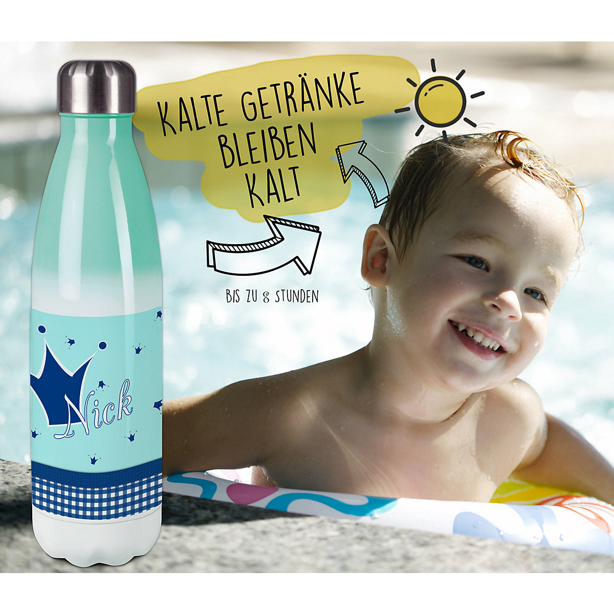 Edelstahl Kinder Thermoflasche / Trinkflasche bunt Krone Farbe hellblau blau Spülmaschinenfest, Auslaufsicher, Bruchfest, Doppelwandig, Für Heißgetränke geeignet, Mit Deckel, Isoliert